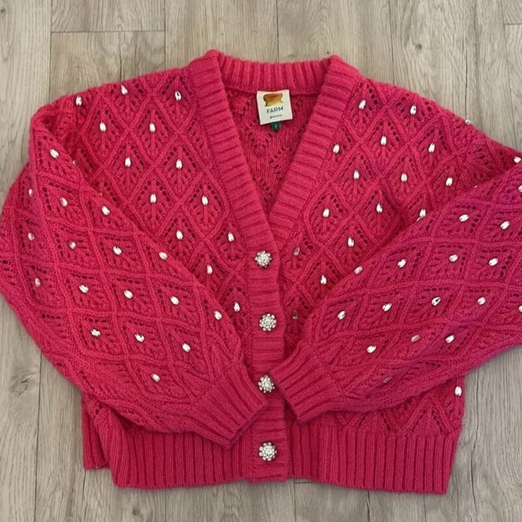 Farm Rio Hot Pink Beaded Knit Cardigan